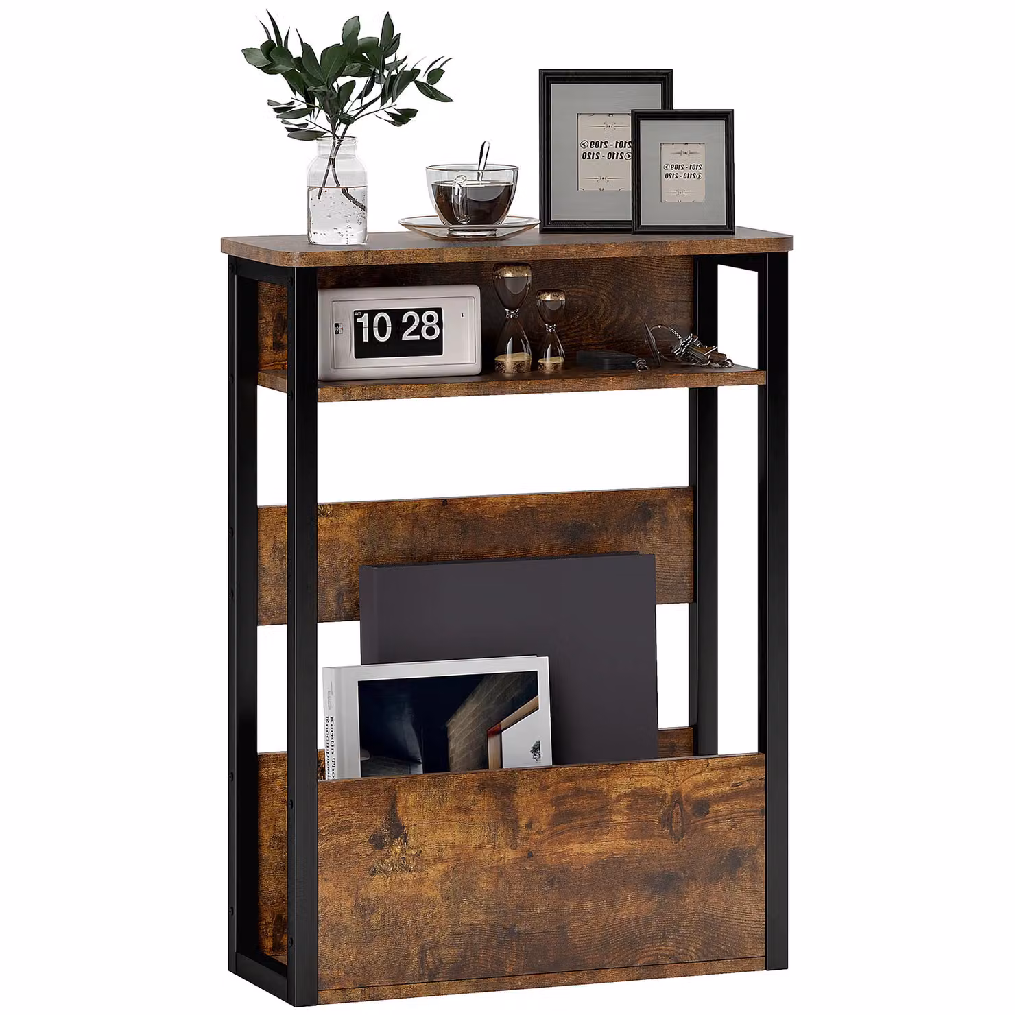 HOMCOM Industrial Narrow Side Table with Storage in Rustic Brown and Black – 2