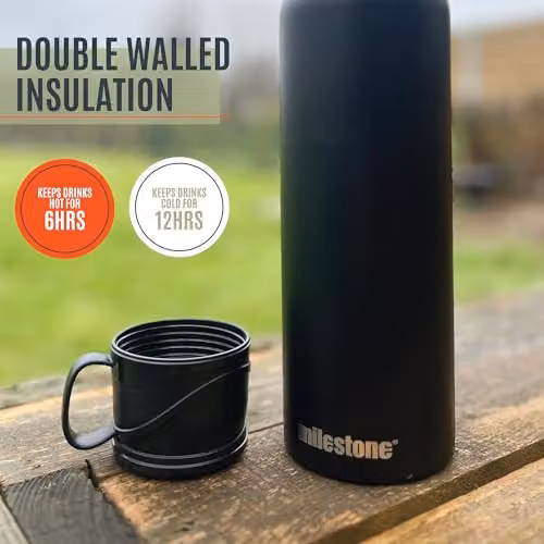 Milestone Camping 53009 Double Walled Insulated Stainless Steel Flask with Tea Strainer, Black, 1.2 l – 3