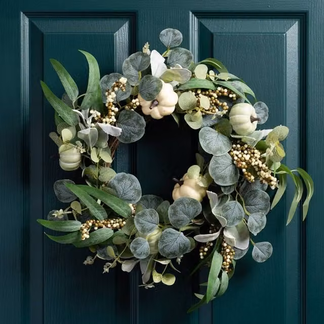 Scottish Everlastings Ltd Pumpkin Wreath in Green and Cream with Eucalyptus, Diameter: 45 cm