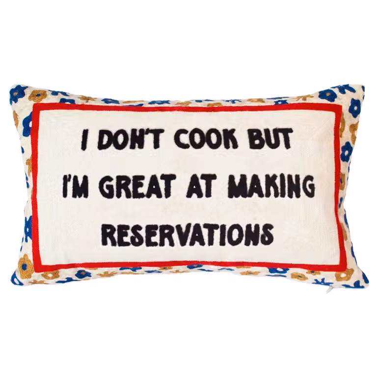 The Pillow Drop I Don’t Cook But I’m Great at Making Reservations Needlepoint Rectangular Cushion in Beige, White and Multicolour
