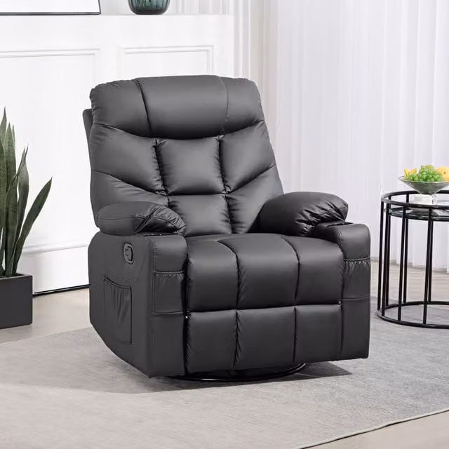 HOMCOM Manual Recliner Chair with Footrest, Cup Holder and Swivel Base in Black Synthetic Leather