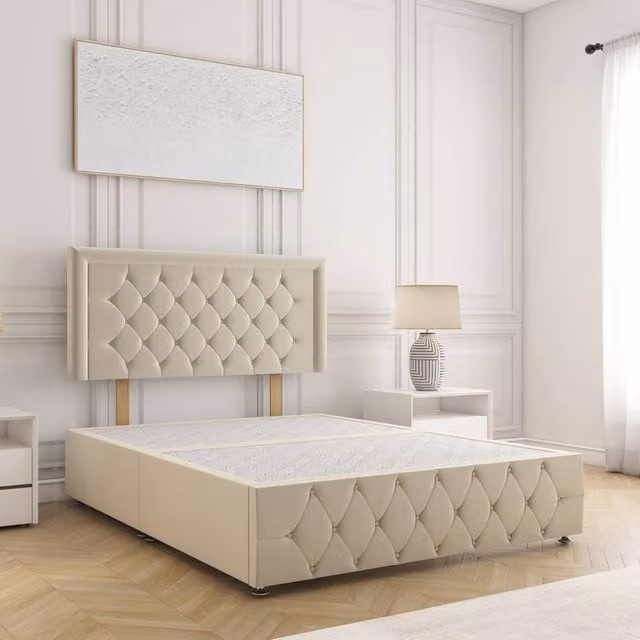 BSSPOKE Lena Plush Velvet Divan Bed with 24 inch Headboard in Cream, King Size, W/D/H: 180 x 200 cm