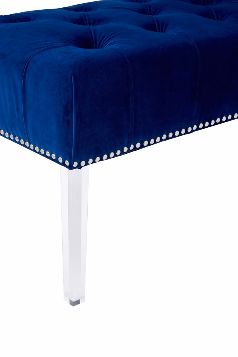 Orsina Contemporary Blue Velvet Button Tufted Upholstered Bench with Transparent Acrylic Legs