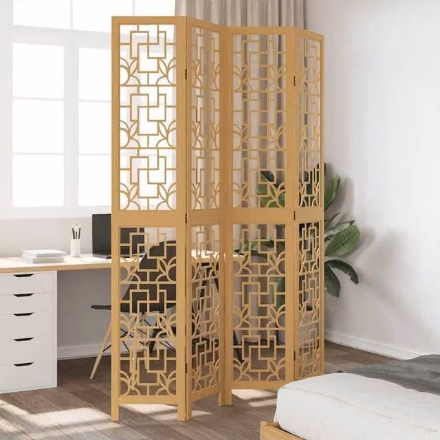 Berkfield Home 4-Panel Room Divider in Light Tan Brown Solid Paulownia Wood