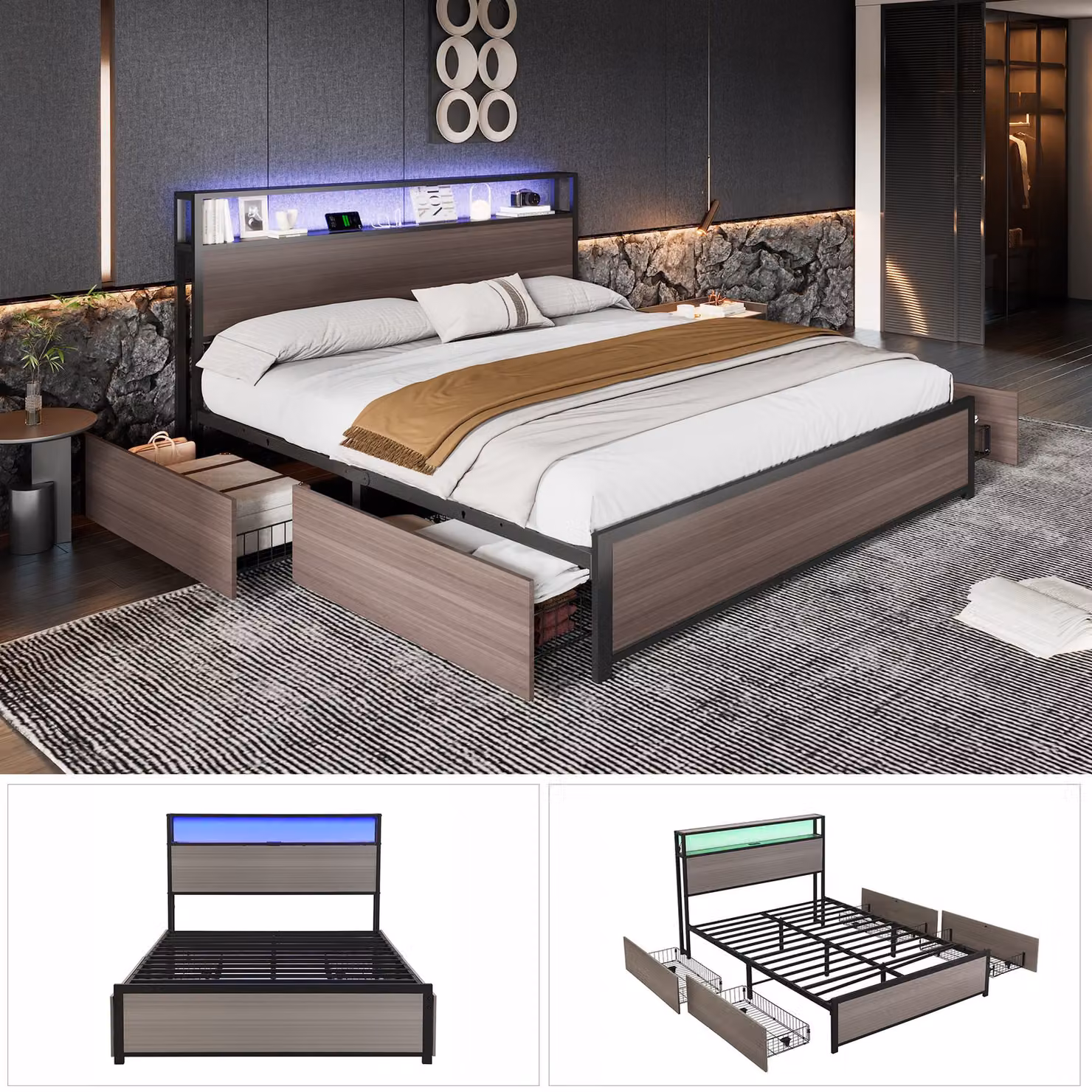 Aosom.UK Metal Double Bed with LED Light Strip, 4 Drawers and 3 USB Ports, Grey, W/D/H: 135.5 x 207 x 105 cm – 4