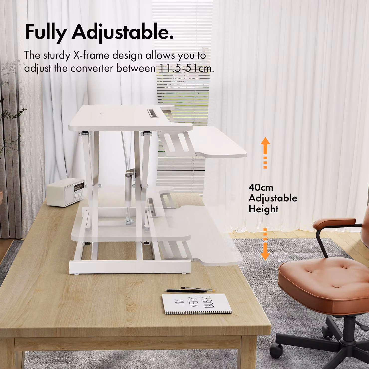 VonHaus Height Adjustable Standing Desk Converter with Keyboard Shelf in White and Light Brown – 3