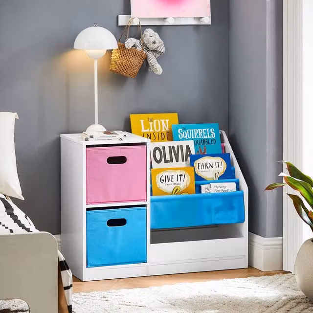 SoBuy Kids Bookcase with Fabric Bins in Pink, Blue, Multicolour or White