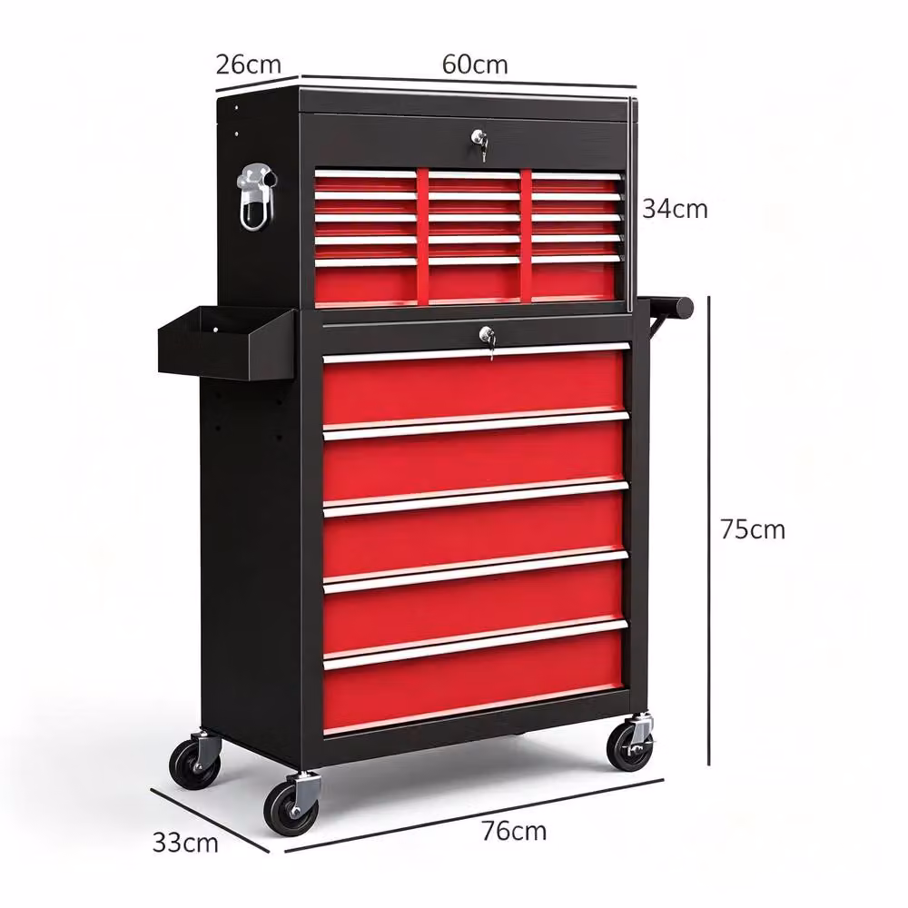 STILVORA 14 Drawer Steel Tool Storage Chest with Wheels, Pegboard and Lockable Feature in Red – 4