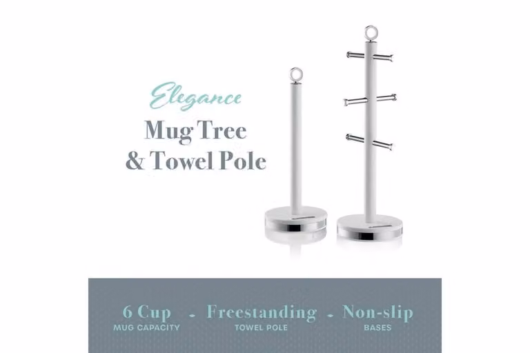 Swan White Towel Pole and Mug Tree Set with Stainless Steel Accents and Non-Slip Weighted Bases