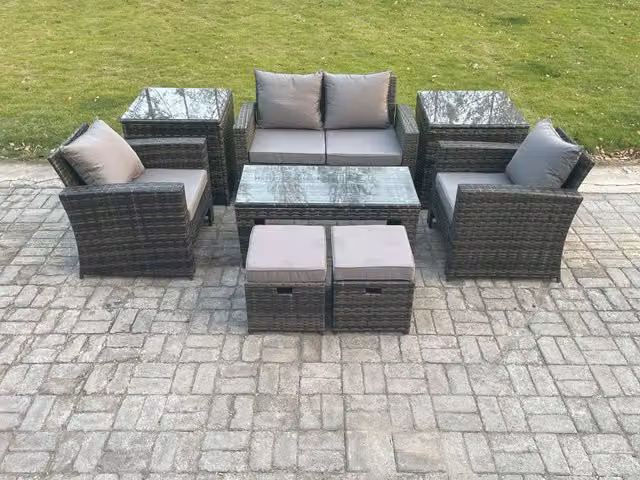 Fimous 8 Piece Outdoor Lounge Sofa Set with Rectangular Coffee Table in Dark Grey PE Rattan