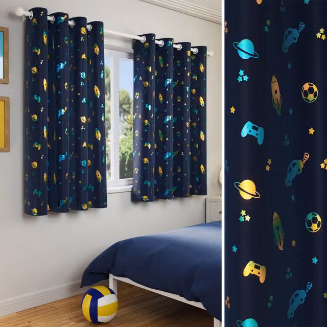 Enhanced Living Infinity Room Darkening Thermal Eyelet Curtains with Vehicle Graphic, Blue, Width: 137 cm, Height: 168 cm