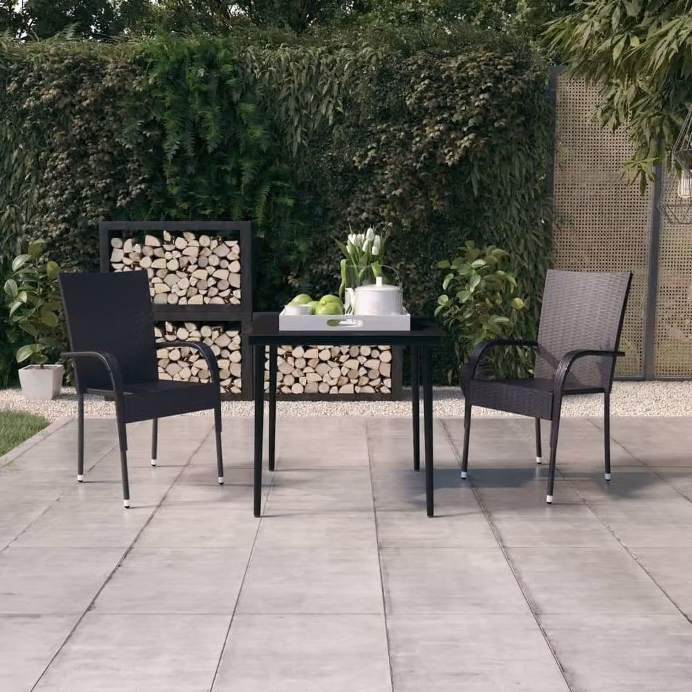 Berkfield Home 3 Piece Black Modern Garden Dining Set with Rattan, Metal and Glass – 1