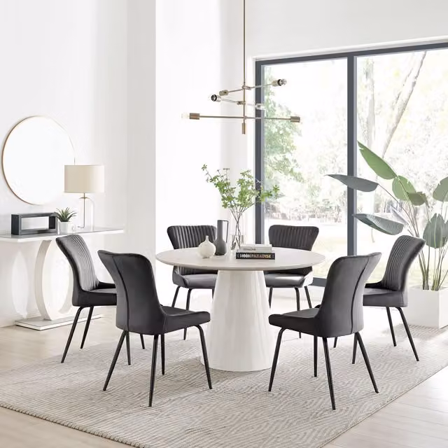 FurnitureboxUK Palma Beige Stone Effect Round Dining Table and 6 Nora Black Leg Chairs in Dark Grey