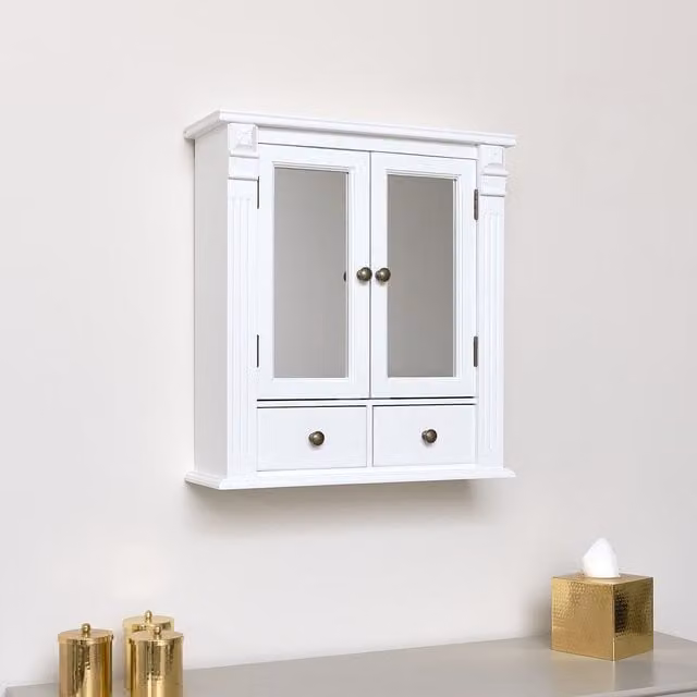 Melody Maison White Lacquered Vintage Wall Mounted Bathroom Cabinet with Mirrored Hinged Doors and Internal Shelves and Drawers