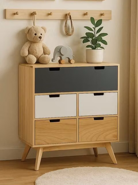 Orsina Mid Century Modern Five Drawer Chest in Grey, White and Multicolour, W/D/H: 40 x 67 x 86 cm