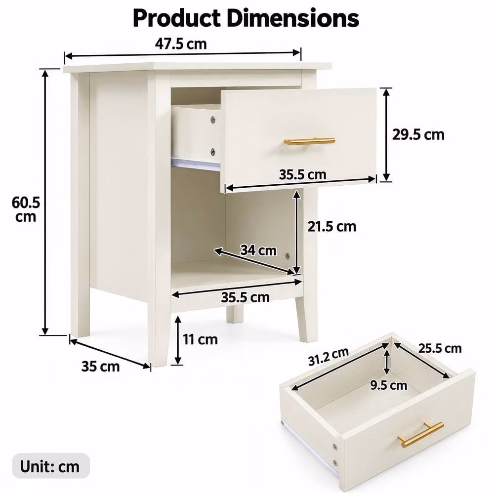Merax Set of 2 Modern Style Bedside Tables with Drawer and Open Shelf in Cream – 2