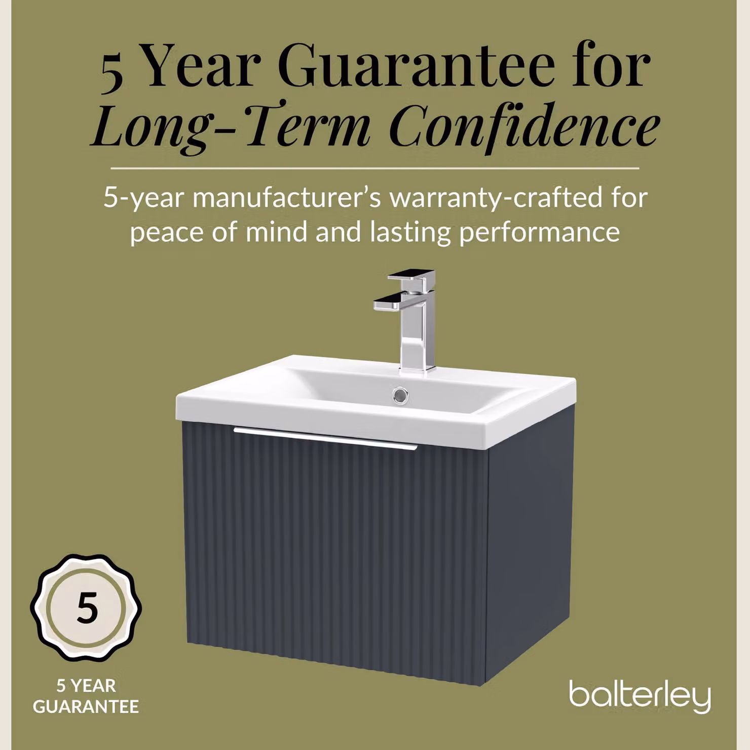 Balterley Fluted Wall Hung 1 Drawer Vanity Basin Unit and Basin, Dark Grey, Width: 500 mm – 4