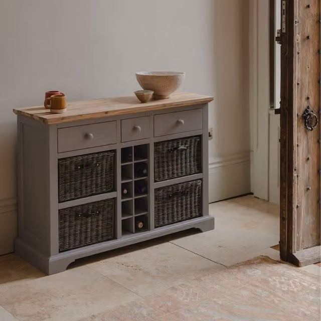Florence Sideboard with Wine Rack, Baskets and Drawers in Dove Grey, Acacia Wood and Rattan, W/D/H: 120 x 42 x 85 cm