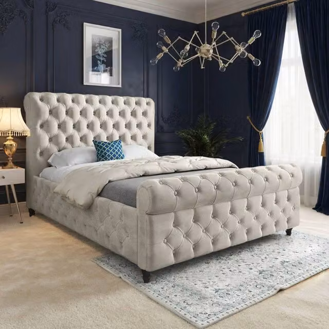 Casani Stenton Sleigh Upholstered Designer Bed Frame in Beige Velvet, Size: Single (W/D/H: 90 x 200 cm)