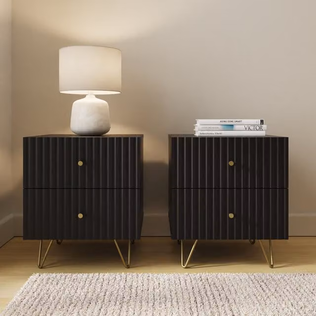 GFW Thalia Ribbed 2 Drawer Bedside Table Pair in Black