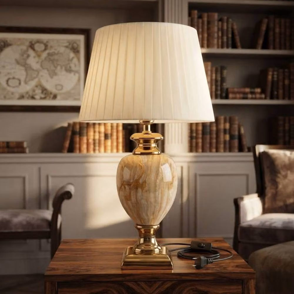 HOME LUXE INTERIOR Medium Marble Table Lamp in Beige and Gold with Pleated Fabric Shade, Height: 61 cm – 4