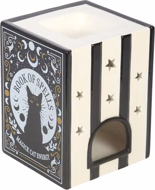 Something Different Book Of Spells Black Cat Ceramic Oil Burner and Wax Melts in Black and Yellow