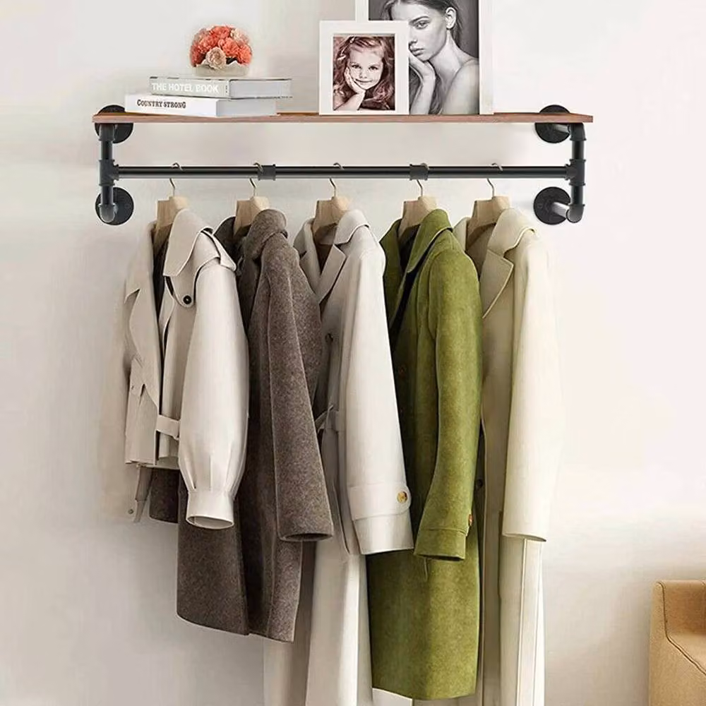 FORGEVIO Industrial Wooden and Metal Shelf Storage Unit with Hanging Rod in Matt Black – 5