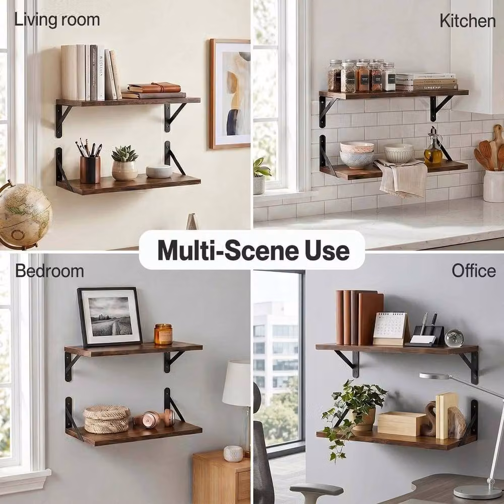 Kelvenix Set of 2 Rustic Brown Wall Mounted Floating Shelves – 2