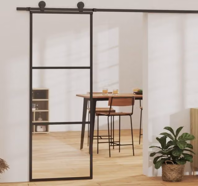 Berkfield Home Modern Sliding Door with Hardware Set in Black, Glass and Aluminium, W: 76 cm, H: 205 cm