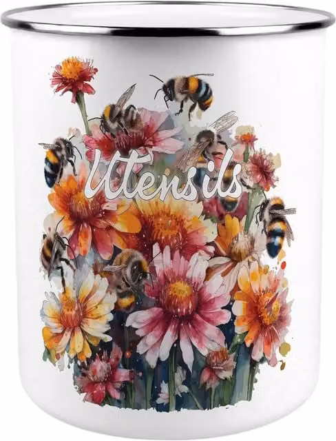 Purely Home Flowers & Bees Ceramic Kitchen Utensil Holder in Multicoloured and White