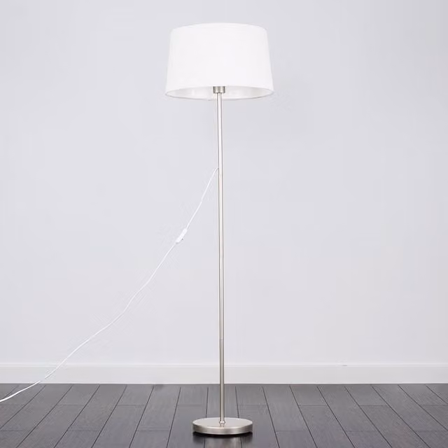 Charlie Modern Floor Lamp with White Fabric Cylinder Shade in Silver and Chrome
