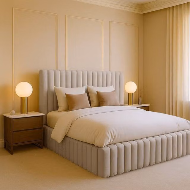Desire Deco Brantley Upholstered Plush Velvet Panel Bed Frame in Light Beige – 1