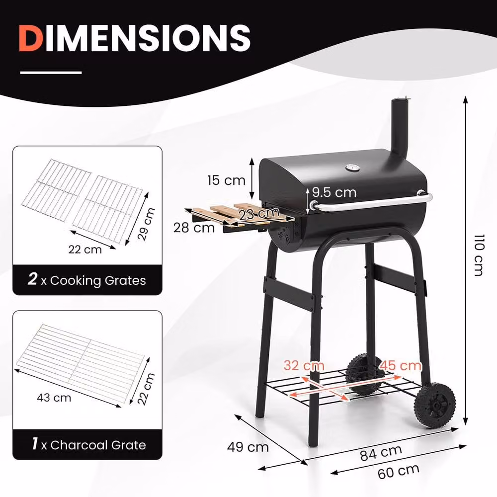 Gymax Portable Charcoal Barrel Grill with Foldable Side Table and Wheels, Black, W/D/H: 110 x 60 x 60 cm – 9