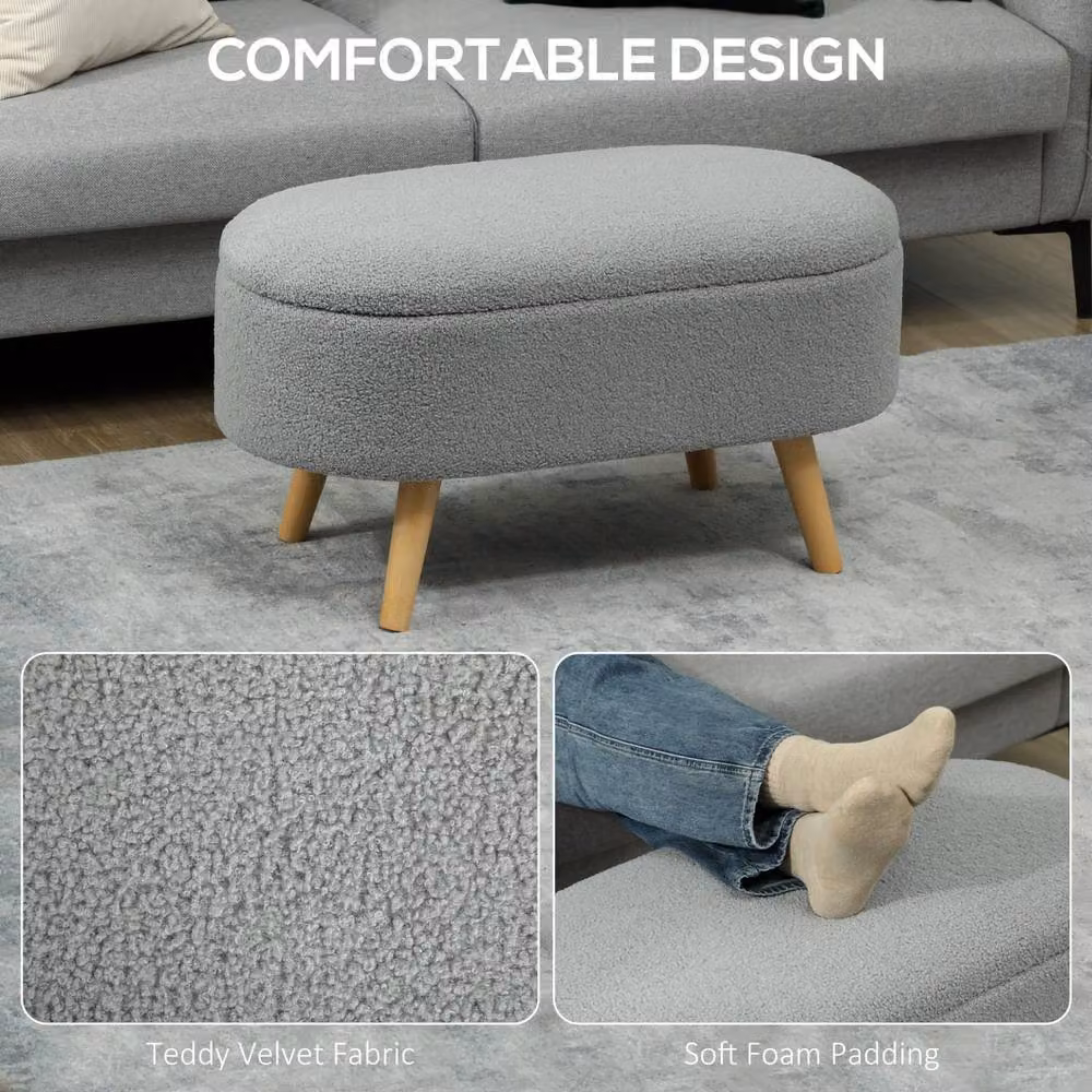 Wyld Haus Charcoal Bouclé Rectangular Storage Ottoman with Natural Pine Legs – 4