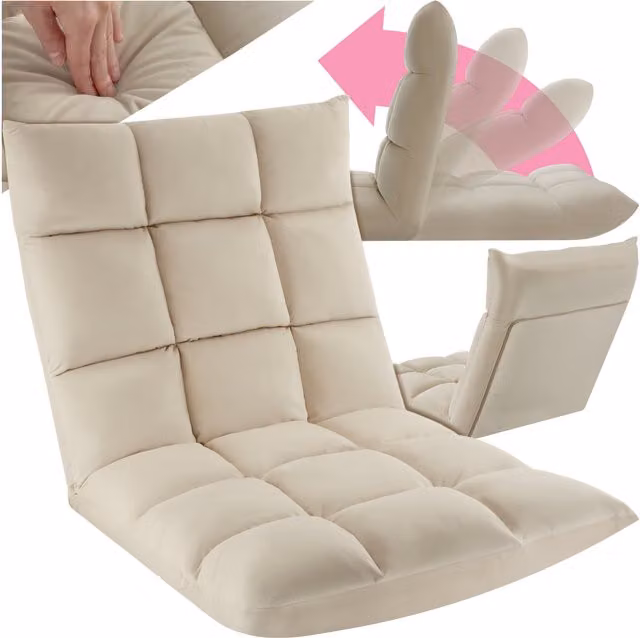 tectake 2-in-1 Snooze Recliner Armchair in Beige Velvet Fabric with Metal Frame