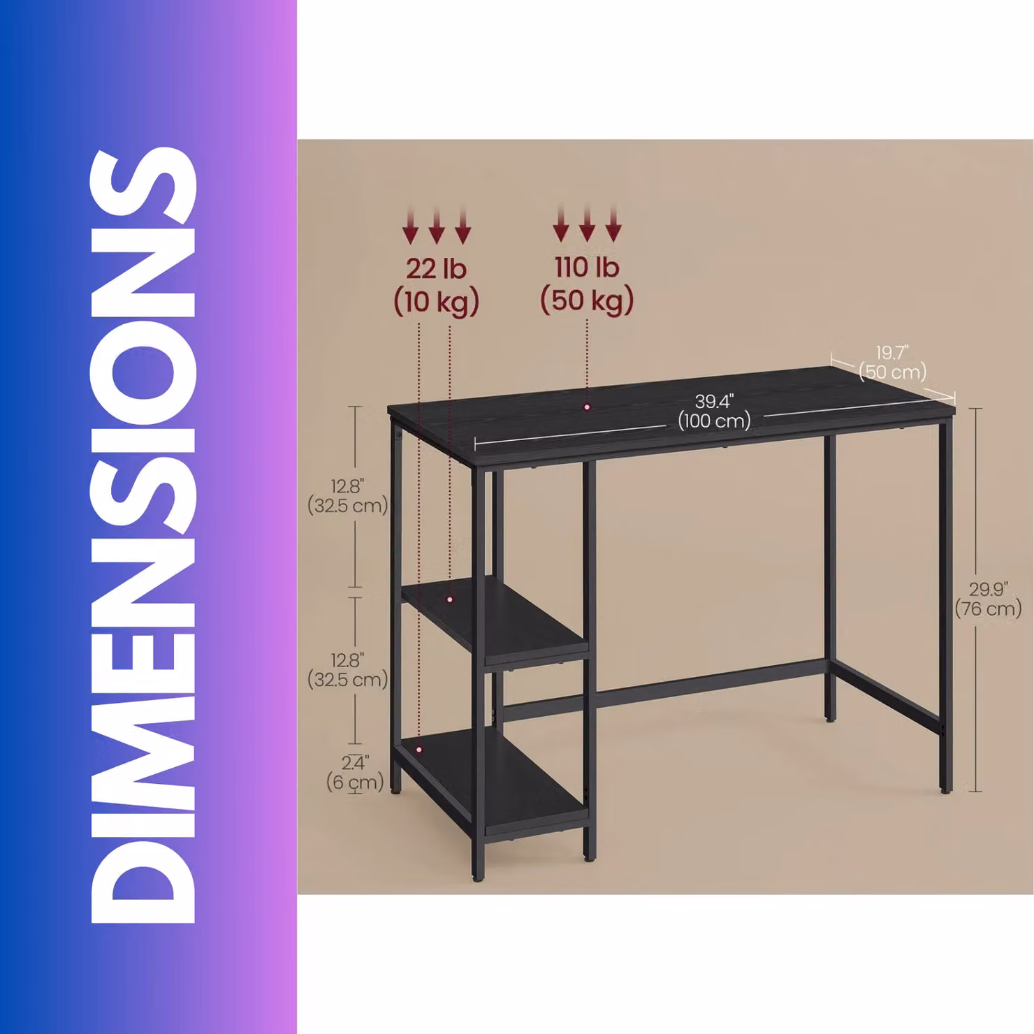 Rafaelo Mobilia Industrial Rustic Computer Desk with 2 Shelves in Black – 4