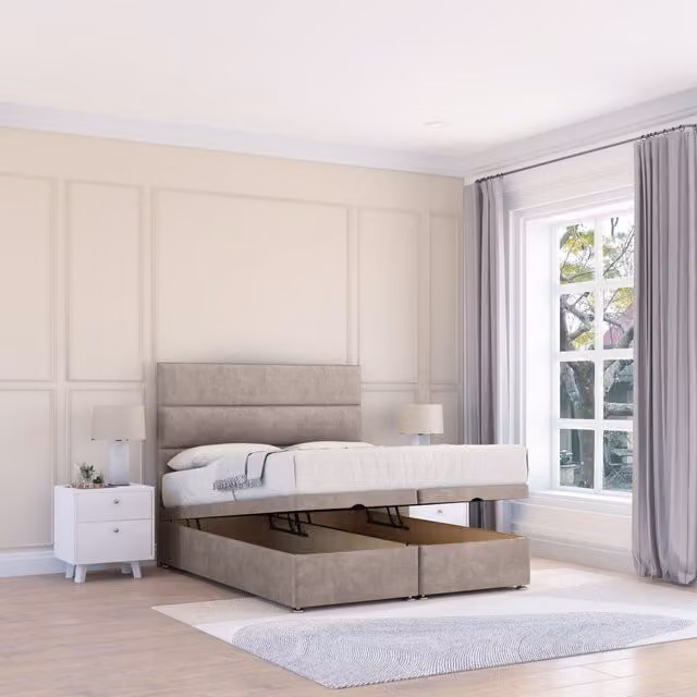 Sloomy Texas Small Single Ottoman Bed with 26 Inch Strut Headboard and Hybrid Sprung Memory Mattress in Beige Stone Fabric