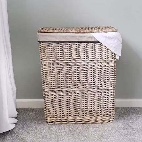 JVL Arianna Set of 4 Rectangular Willow Baskets including 2 Laundry Baskets with Lids and 2 Waste Paper Bins in Grey and Beige – 2