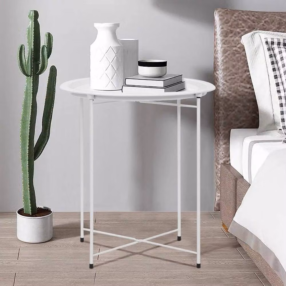 PAWNORA White Foldable Round Tray Table with Metal Legs – 2