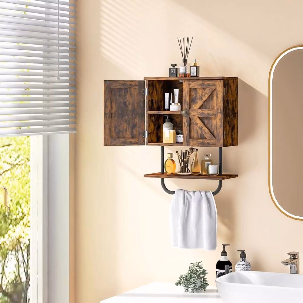 VOGREX Brown Wall Mounted Minimalist Bathroom Medicine Cabinet with Hinged Doors and Internal Shelves – 3