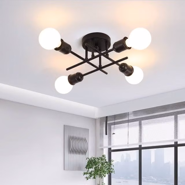 NIVOR 4-Light Industrial Sputnik Ceiling Lamp in Black with E27 Metal Design