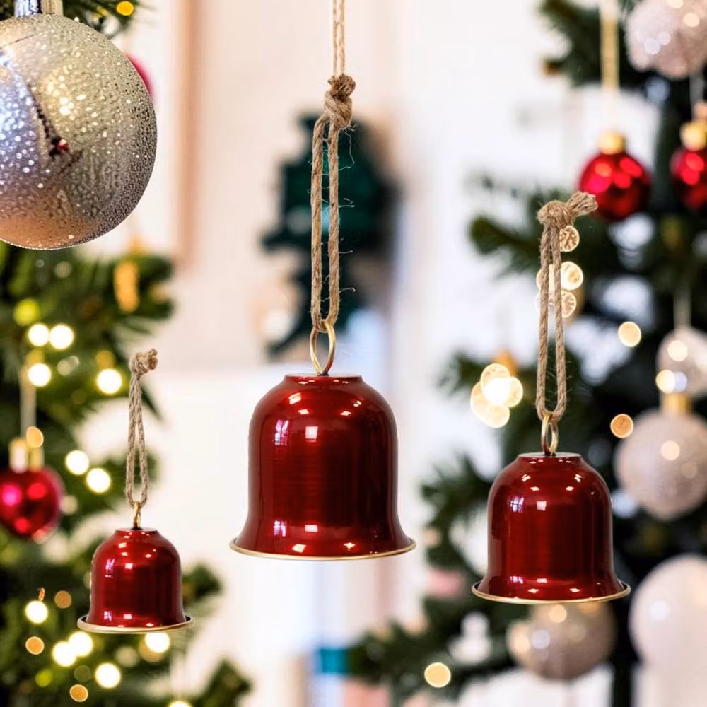 Four Candle Set of 3 Red and Gold Metal Christmas Bell Pendants – 2
