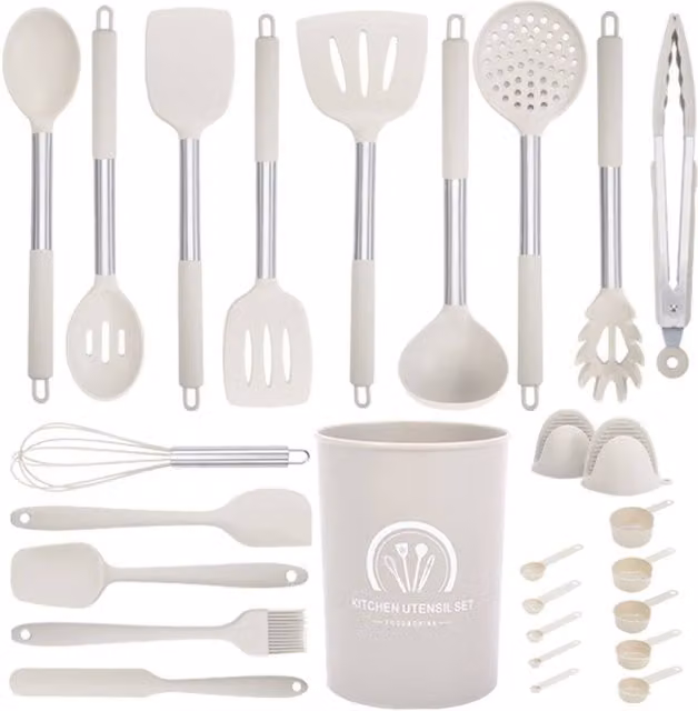 Living and Home 27-Piece Silicone Kitchen Utensil and Cookware Set in Beige