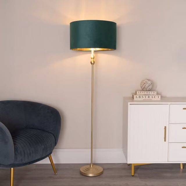 ValueLights Maggie Gold Candlestick Floor Lamp in Green Velvet with Gold Inner Shade – 1