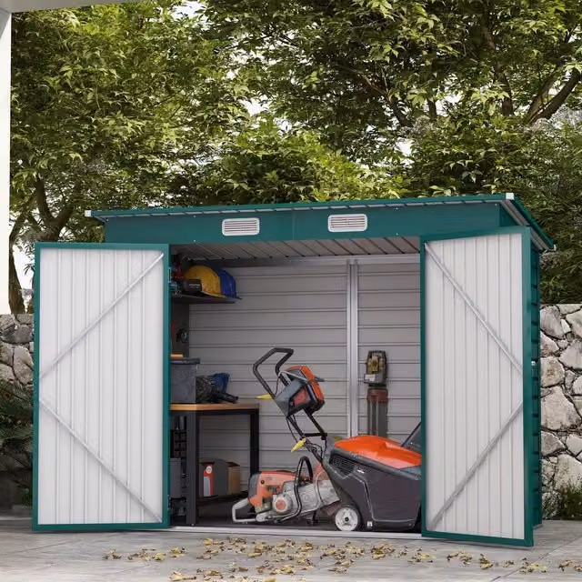 Outsunny Green Galvanised Steel Pent Garden Shed with Double Doors and 2 Vents