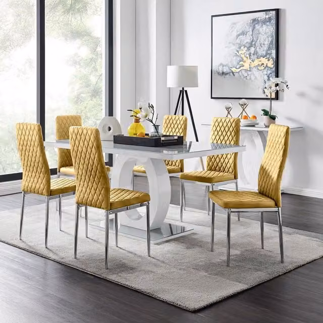 FurnitureboxUK Giovani Grey Rectangular Glass Dining Table with 6 Mustard Velvet Milan Chairs