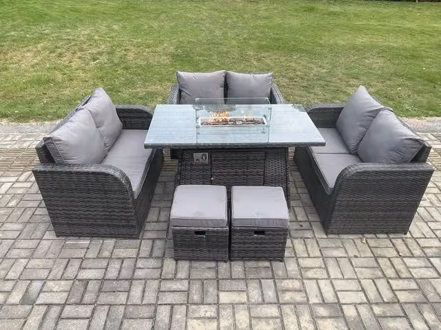 Fimous 8 Seater Outdoor Rattan Garden Dining Set with Gas Fire Pit Table and 2 Small Footstools and Love Sofa in Dark Grey