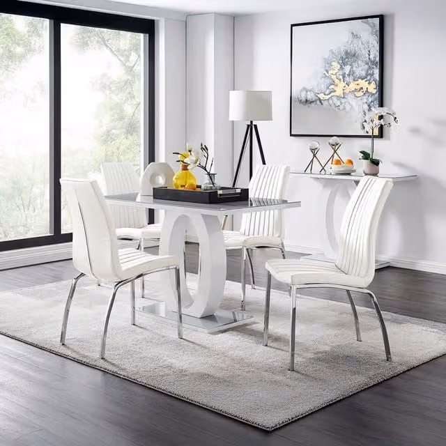 FurnitureboxUK Giovani Grey Rectangular Glass Dining Table and 4 White Faux Leather Chairs – 1