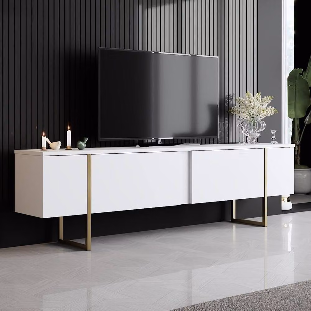 Calicosy Luxury Modern TV Stand with 2 Drop-Down Doors, White, W: 180 cm, D: 30 cm, H: 30 cm – 2