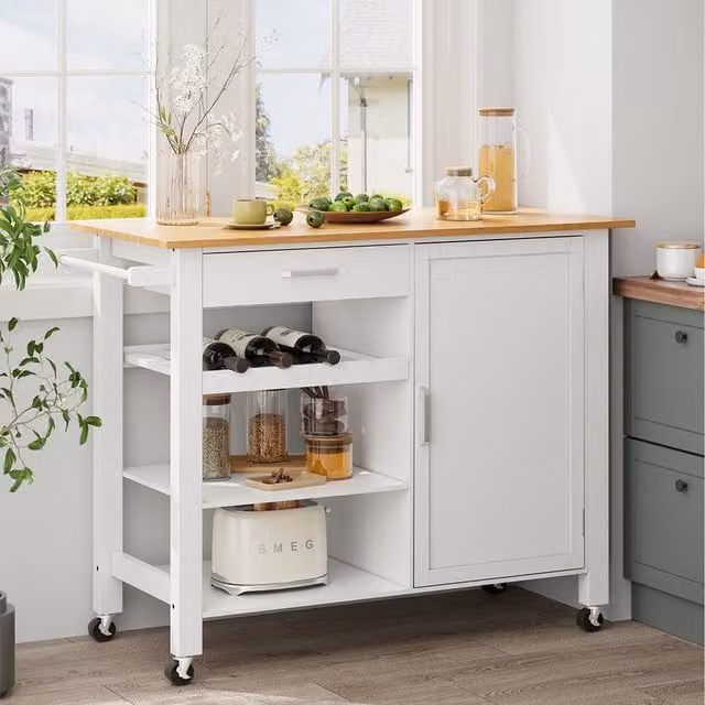 Komore Modern White Rubberwood Kitchen Trolley with Drawer and Cabinet